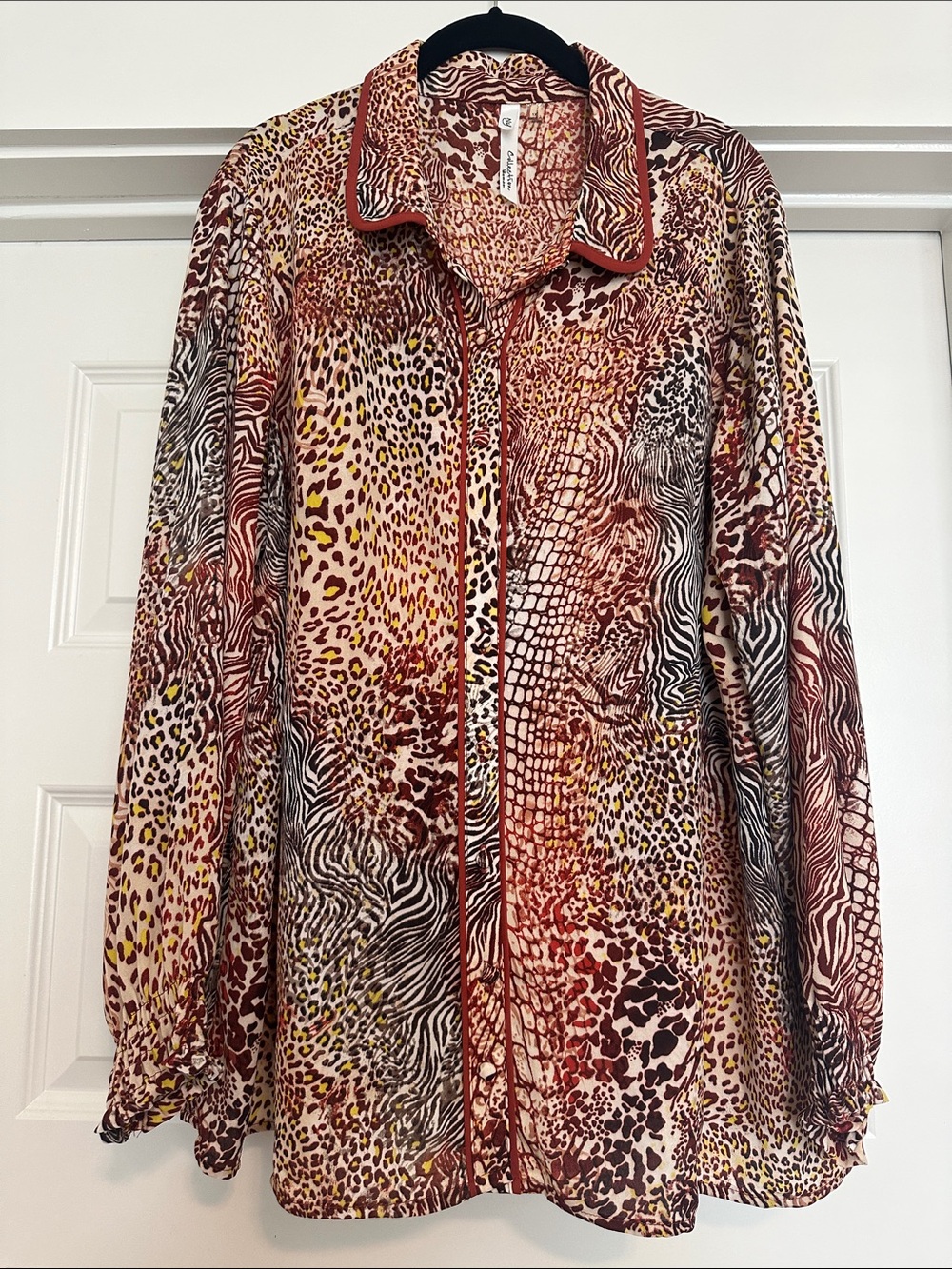 NY Collection Multi-Print Button-Front Blouse in Brown and Yellow